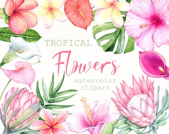 Watercolor Tropical Flowers Clipart , Hibiscus clip art , exotic flower , Palm Leaf , Summer Beach Wedding Invite , Instant Download PNG