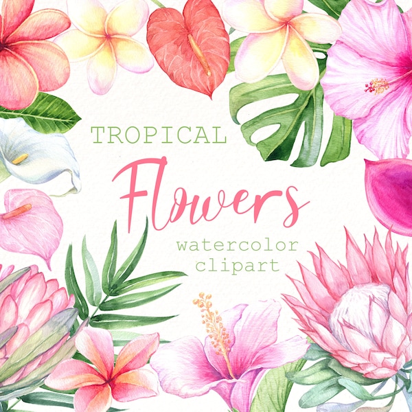 Watercolor Tropical Flowers Clipart , Hibiscus clip art , exotic flower , Palm Leaf , Summer Beach Wedding Invite , Instant Download PNG