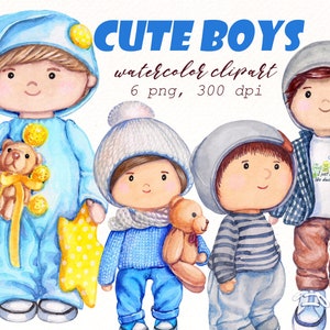 Boy doll watercolor clipart, set of kids for design for children's parties, baby shower, invitation card, sublimation, png digital download.