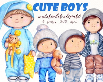 May include: Six watercolor illustrations of cute boys. Each boy is wearing a different outfit and has a different expression. The boys are all standing and looking at the viewer. The illustrations are in a cartoon style and are perfect for use in children's books, greeting cards, or other creative projects.