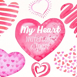 Valentine Heart Clipart, Watercolor Pink hearts, Wedding clip art illustration, Hand painted love heart, red heart PNG digital download.