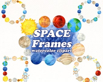 Space Planet frame Watercolor Clipart, Galaxy clip art, Watercolor solar system png graphics for Space Party design, digital download