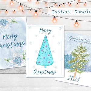 Cartões de feliz Natal, árvores de Natal e cartão floral, convite de férias, download digital para impressão
