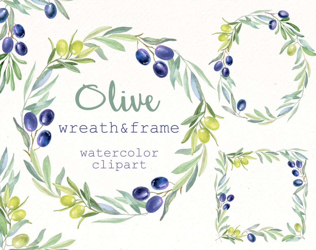 Watercolor Olive Wreath Clipart: Greenery Frame PNG (digital Download ...