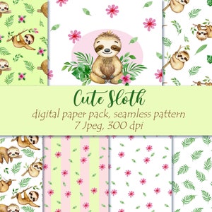 May include: A digital paper pack with seven seamless patterns featuring cute watercolor sloths and pink flowers. The patterns are on a white, green, and pink background. The text "Cute Sloth" is written in a cursive font. The text "digital paper pack, seamless pattern" is written in a sans-serif font. The text "7 jpeg, 300 dpi" is written in a sans-serif font.