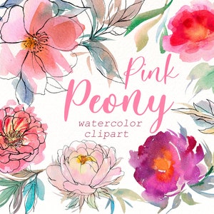 Watercolor Peonies Clipart , Pink flowers clip art , hand painted peony png elements for Wedding Invitation design, digital download.