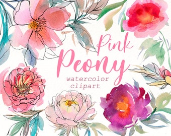 Watercolor Peonies Clipart: Hand-Painted Pink Flowers (Digital Download)