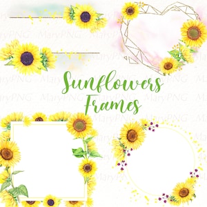 Sunflower frame png clipart, yellow flowers wreath, watercolor summer flower, floral hand painted, digital download.