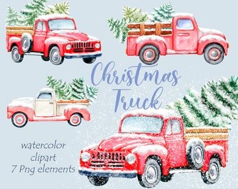 Camión navideño de acuarela: PNG vintage (descarga digital)
