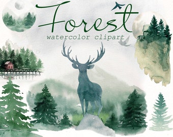 Aquarell Wald Clipart: Wald Pinien, Mond (digitaler Download)