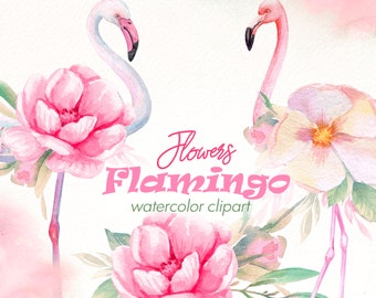 Aquarell Flamingo Clipart: Tropisches Blumen Set (PNG Digital Download)