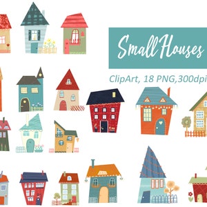 Houses Clipart Set - clip art set of houses, bright houses, cute houses, colored houses, house, trees,flowers, instant download,kids houses.