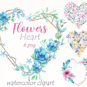 Clipart de corazón floral de acuarela: Marcos PNG de flores (descarga digital)