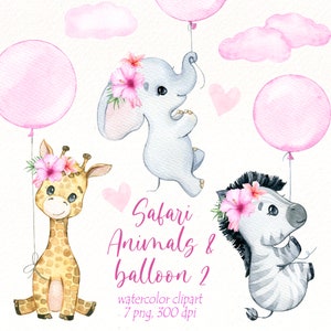 Safari Animals watercolor clipart, Africa animals png, Balloon birthday clip art, girl nursery wall art, scrapbooking digital download.