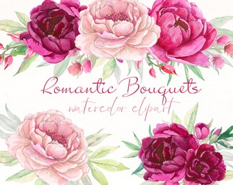 Watercolor Peony Bouquet Clipart: Burgundy Floral Arrangements (Digital Download)