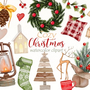 Watercolor Christmas clipart, Cozy Winter Holiday Clip art, Christmas Tree png , Christmas wreath, Rustic Harmhouse Instant Download
