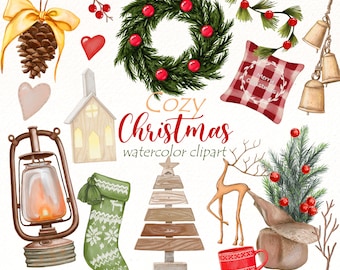 Clipart de Natal em aquarela: gráficos aconchegantes para o feriado de inverno (download instantâneo)