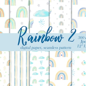 Rainbow Watercolor Digital Paper, Boho Rainbow Print, Seamless Pattern, Scrapbook Paper, Baby Digital Paper, Scandinavian Paper, blue color.