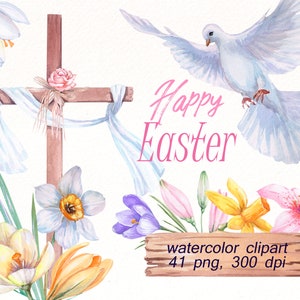 Clipart aquarela de Páscoa, cruzes de Páscoa png clip art, cruz de flores, cruz de madeira, ilustração de flores, batismo png, download digital.