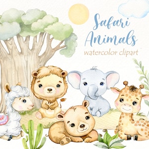 Safari Bébés animaux, aquarelle animaux d'Afrique clipart, lion, girafe, lama, ours, éléphant, jungle, savane, floral tropical, fleurs