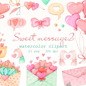 バレンタインデーの水彩画クリップアート、ロマンチックなメッセージ png、キューピッド クリップアート、ハート クリップアート、ホリデー フラワー png、デジタル ダウンロード。