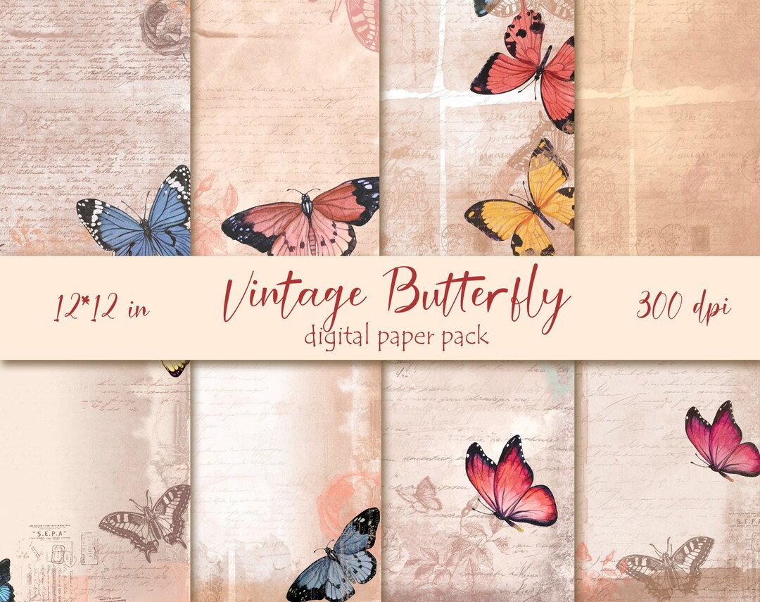 Vintage Butterfly Digital Paper Pack: Watercolor Scrapbook Backgrounds ...