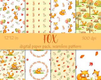 Cute Fox Seamless Pattern, Woodland Watercolor Paper (Digital Download)