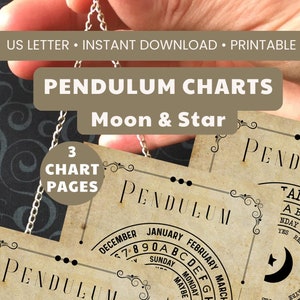 May include: A set of three printable pendulum charts featuring a moon and star design. The charts are in a vintage style with a brown background and black text. The text on the charts includes the days of the week, months of the year, and letters of the alphabet. The charts are labelled "Pendulum Charts Moon & Star" and "bundle of 3".