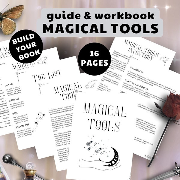 Magical Tools guide, workbook, inventory sheets  - book of spells, book light and shadows, printable, ink saver pages, US letter, 16 pages