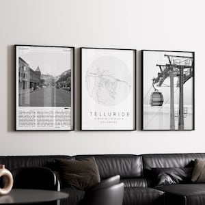 Telluride Colorado Black And White Print Set of 3, Telluride Travel Print, Telluride map print, New Home Gift, Telluride minimal wall art