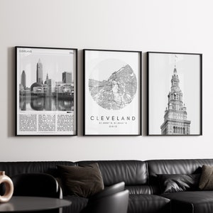 Cleveland Ohio Black And White Print Set of 3,  Cleveland Travel Poster Print, Cleveland map print, New Home Gift, Cleveland minimal art