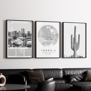 Phoenix Arizona Schwarz-Weiß-Druck 3er Set, Phoenix Reise Poster Druck, Phoenix Karte Druck, neues Zuhause Geschenk, Phoenix minimale Wandkunst
