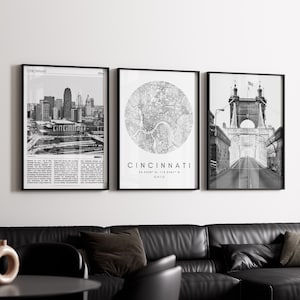 Cincinnati Black And White Print Set of 3,  Cincinnati Travel Poster Print, Cincinnati map print, New Home Gift, Cincinnati  minimal art
