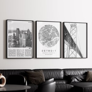 Detroit Michigan Black And White Print Set of 3,  Detroit Travel Poster Print, Detroit map print, New Home Gift, Detroit minimal wall art US
