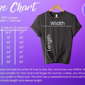 May include: Size chart for unisex t-shirts, showing width and length measurements in inches for sizes XS to 3XL. The chart is on a purple background with a graphic of a gray t-shirt.