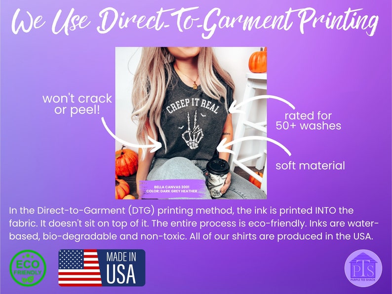 May include: A close-up of a dark grey t-shirt with the text "CREEP IT REAL" printed on it. The shirt is made with a soft material and is rated for 50+ washes. The image also includes a green eco-friendly logo and a Made in USA logo.