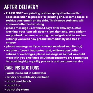 May include: A purple graphic with white text detailing after-delivery information and care instructions. The text includes washing instructions, and a note about a printing solution residue. The graphic also mentions a 'Love It Guarantee'.