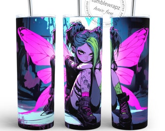 Anime Fairy 20oz Skinny Tumbler Sublimation Designs | Goth Anime Fairy Straight Tumbler Wrap | Instant Digital Download PNG