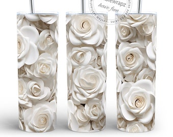 3D White Roses 20oz Skinny Tumbler Sublimation Design | Wedding Bouquet Flowers Straight Tumbler Wrap PNG