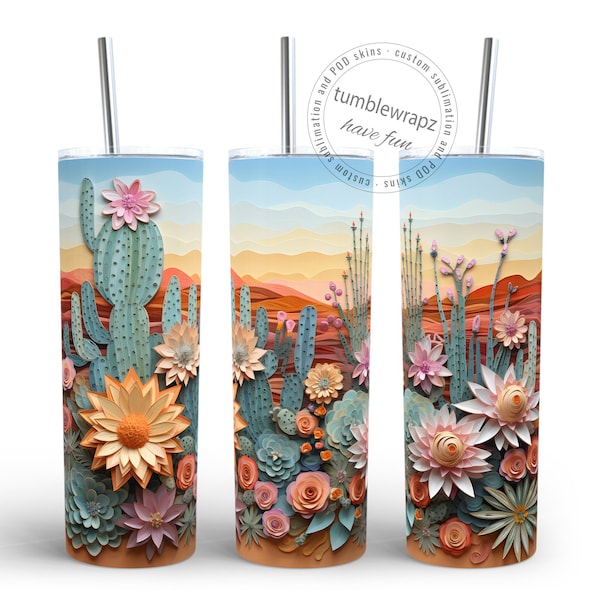 3D Desert Cactus Flowers 20oz Skinny Tumbler Sublimation Wrap | Desert Flowers Sunset Straight Tumbler Wrap PNG