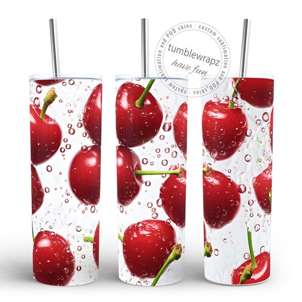 Refreshing Cherries in Sparkling Water 20oz Skinny Tumbler Sublimation Design Wrap PNG