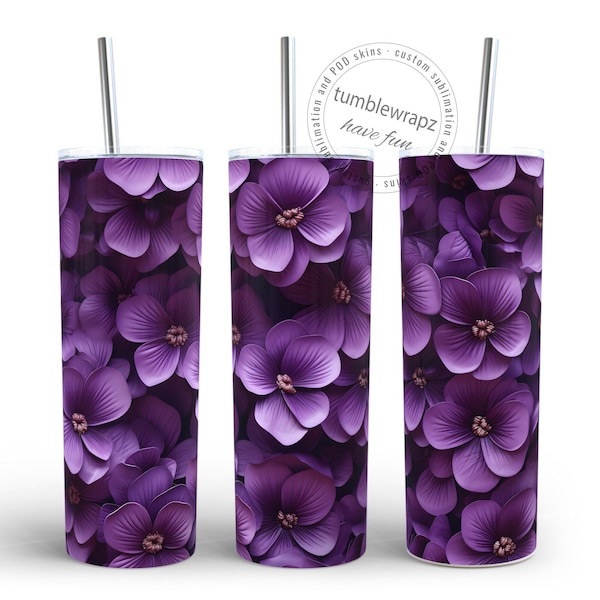 3D Purple Violets 20oz Skinny Tumbler Sublimation Design | Violet Flowers Straight Tumbler Wrap PNG