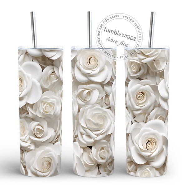 3D White Roses 20oz Skinny Tumbler Sublimation Design | Wedding Bouquet Flowers Straight Tumbler Wrap PNG