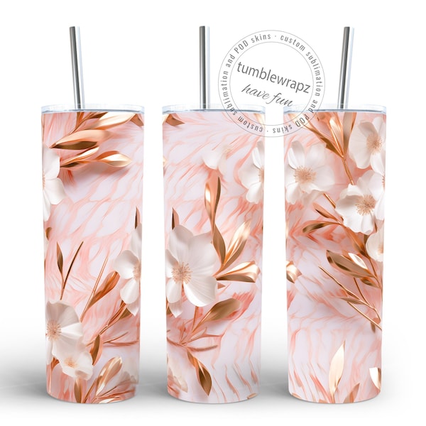 3D White and Rose Gold Flowers 20oz Skinny Tumbler Sublimation Design | Rose Gold Cherry Blossom Flower Petals Straight Tumbler Wrap PNG
