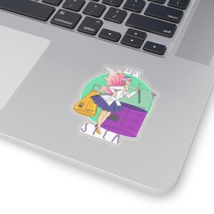 May include: A sticker featuring a fairy in a lab coat, skirt, and wings, holding a pipette. The fairy is positioned in front of a beaker and a flask. The sticker has the text "FAIRIES" and "STEA".
