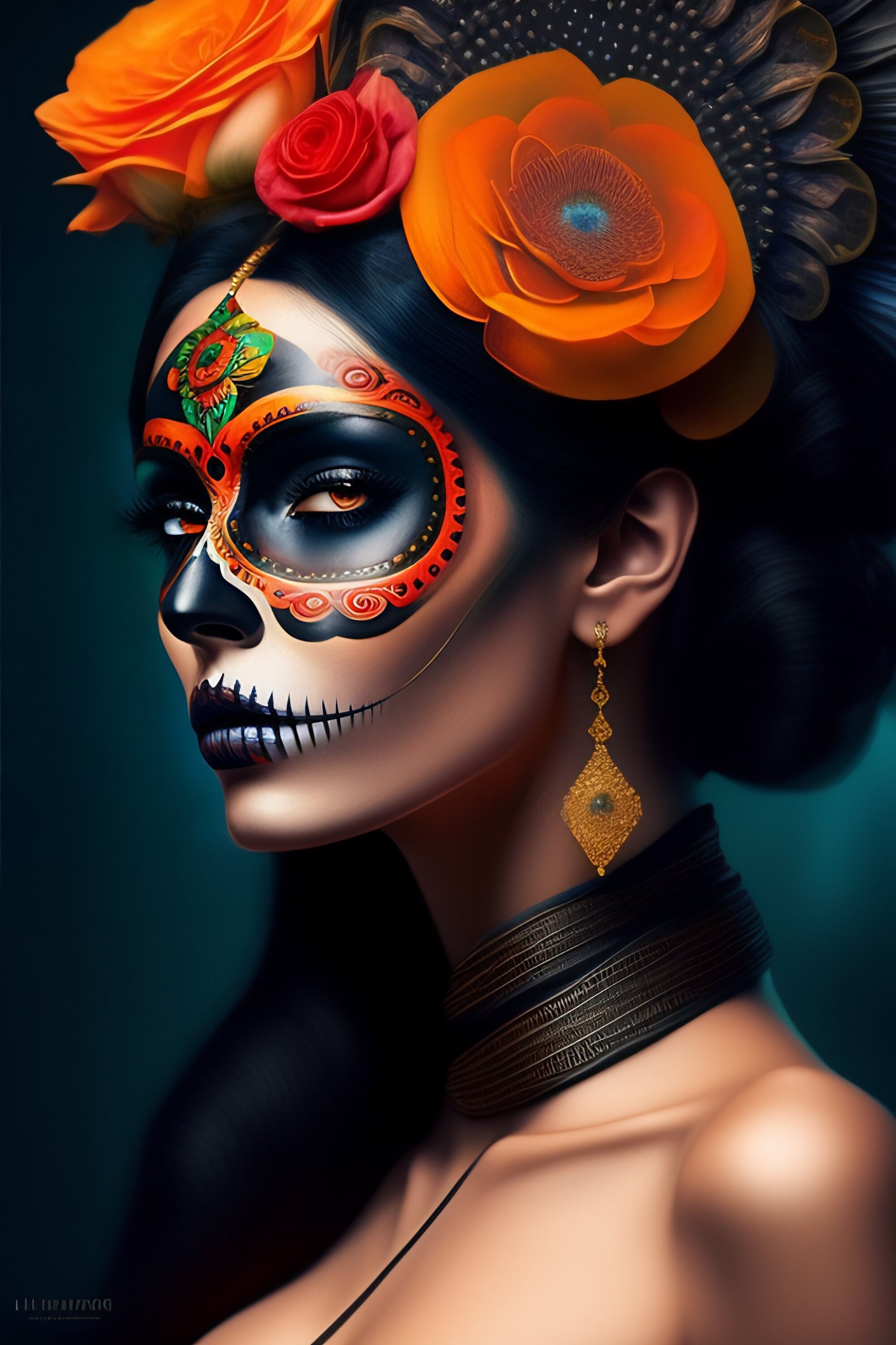 Sugar Skull Style Woman With Flowers on Her Hair Wall Art Vivid Color ...