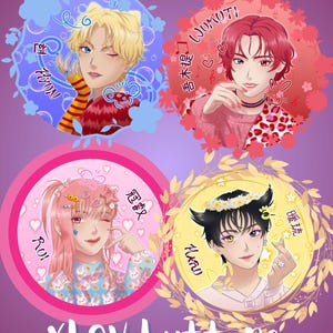 XLOV EVOL Kpop holographic sparkly pin-back button buttons badge badges Wumuti Rui Hyun Haru fanart