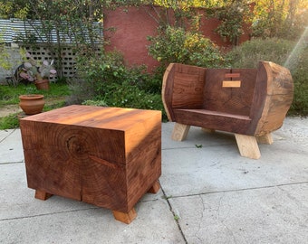 Redwood Chair and Coffee Table Set - Hand Carved