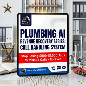 Könnte beinhalten: Ein digitales Tablet zeigt den Text "PLUMBING AI REVENUE RECOVERY SERIES: CALL HANDLING SYSTEM." Das Tablet zeigt auch den Text "Verlieren Sie keine 460-1380€ Aufträge mehr durch verpasste Anrufe - Für immer." Das Bild enthält Sanitärwerkzeuge und Rohre.