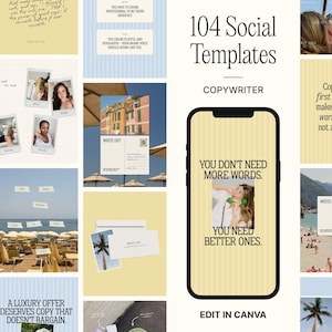 Op de afbeelding: Een verzameling van 104 social media templates voor copywriters. De afbeelding toont een smartphone met een template met de tekst "You don't need more words. You need better ones." Andere templates bevatten citaten en afbeeldingen.